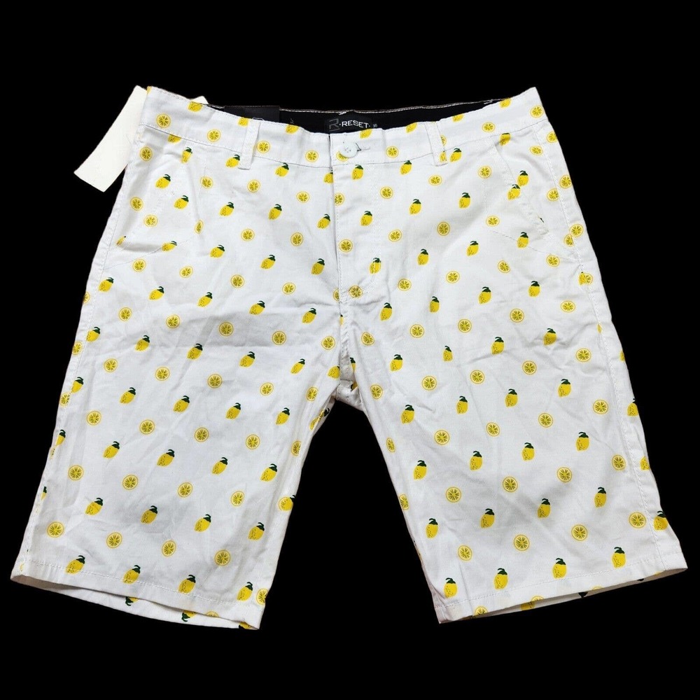 Reset Mens Shorts Size 36 White Yellow Lemons Chino Casual Stretch NWT
